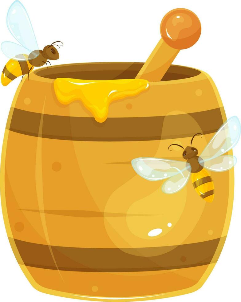 vector illustration of a barrel of honey, bees sitting on a wooden barrel of honey, flying around