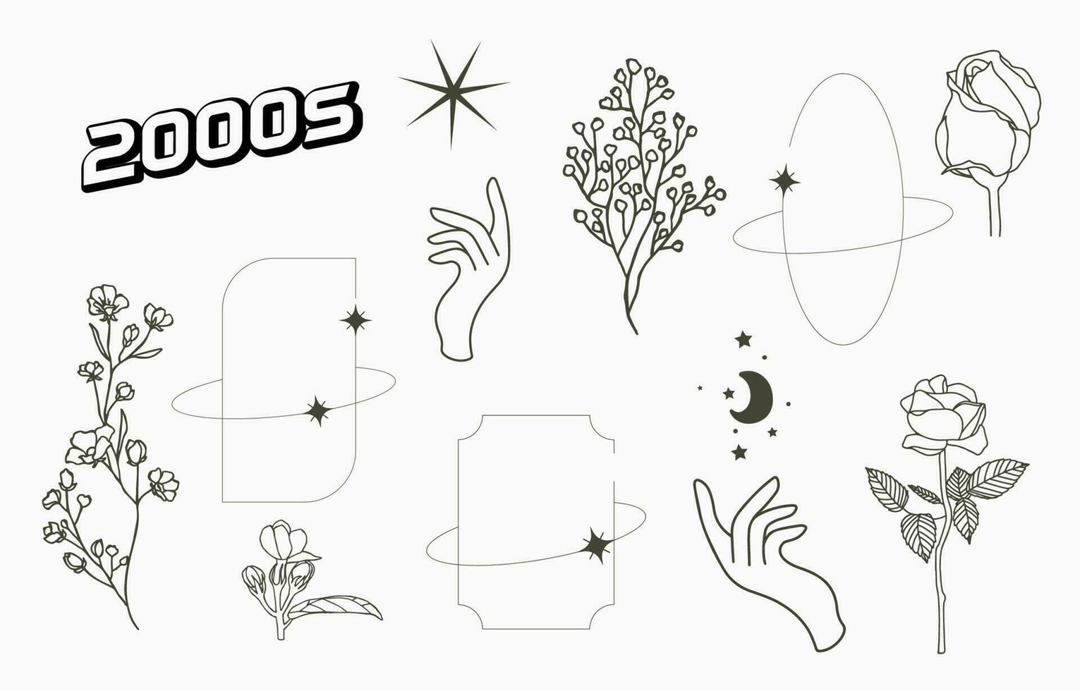 Line object collection with hand,magnolia,rose,lavender flower vector