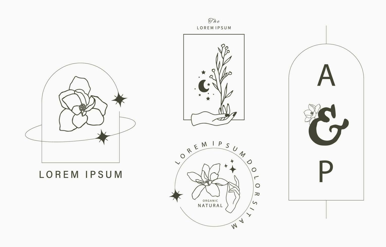 Line object collection with hand,magnolia,rose,lavender flower vector