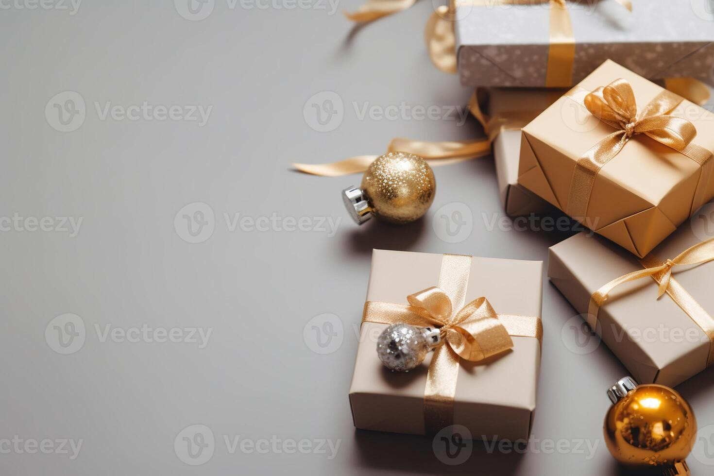 caja de regalo regalos con dorado cinta con Copiar espacio. generativo ai foto