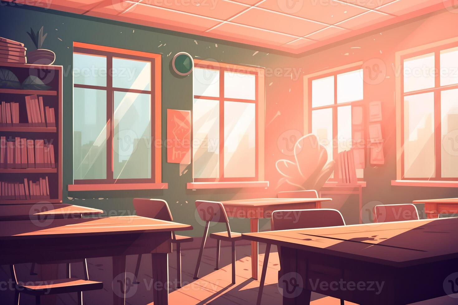Empty classroom illustration. Nobody school class room interior with blackboard. photo