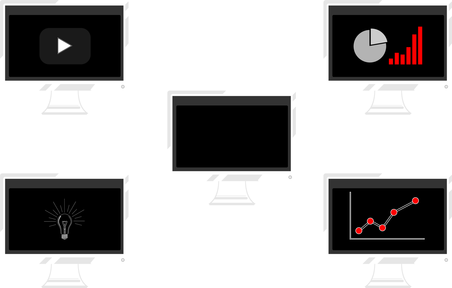 A set of computer screens with a white frame showing an ascending curve