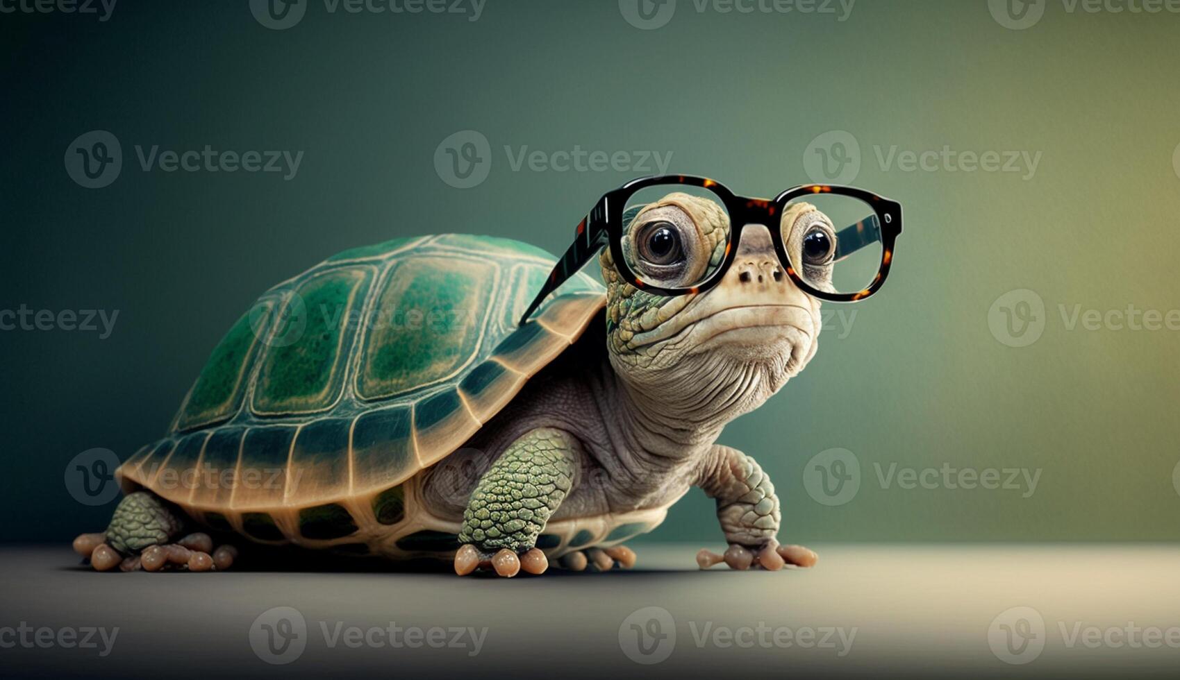 Cute little green turtle with glasses in front of studio background. photo
