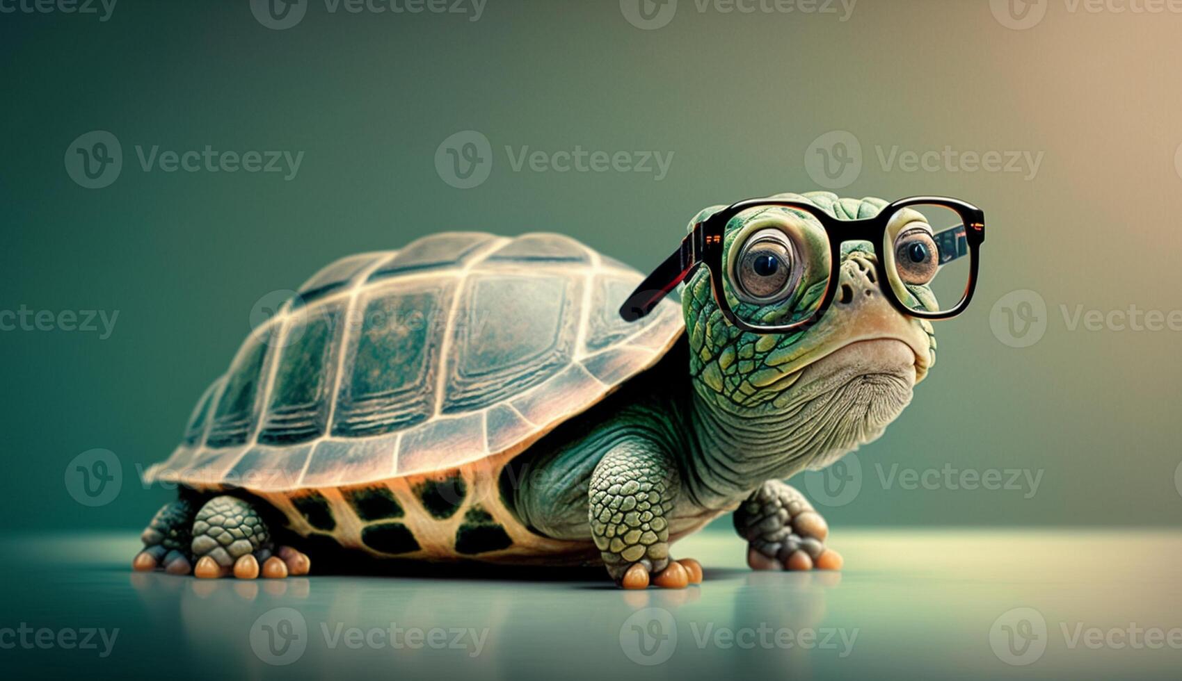 Cute little green turtle with glasses in front of studio background. photo