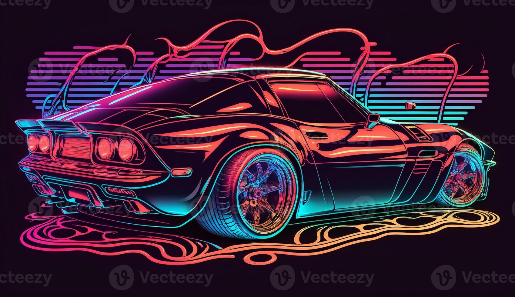 Cyberpunk Futuristic retro wave synth wave car, Retro sports car with neon backlight contours, photo