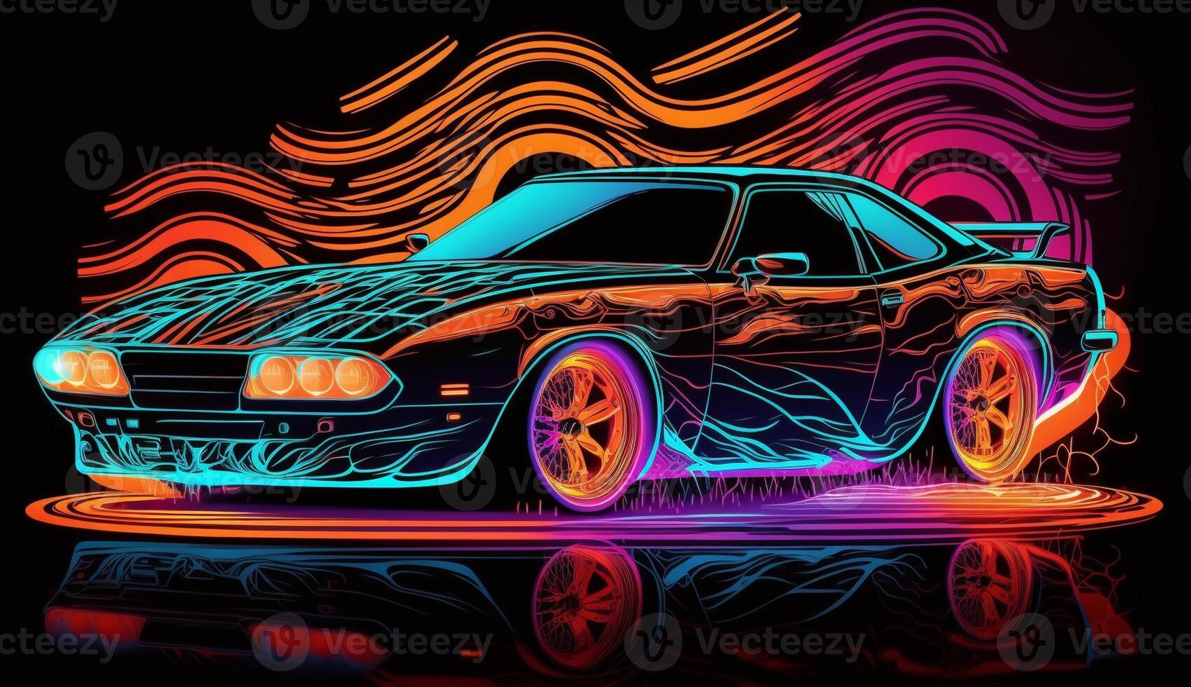 Cyberpunk Futuristic retro wave synth wave car, Retro sports car with neon backlight contours, photo