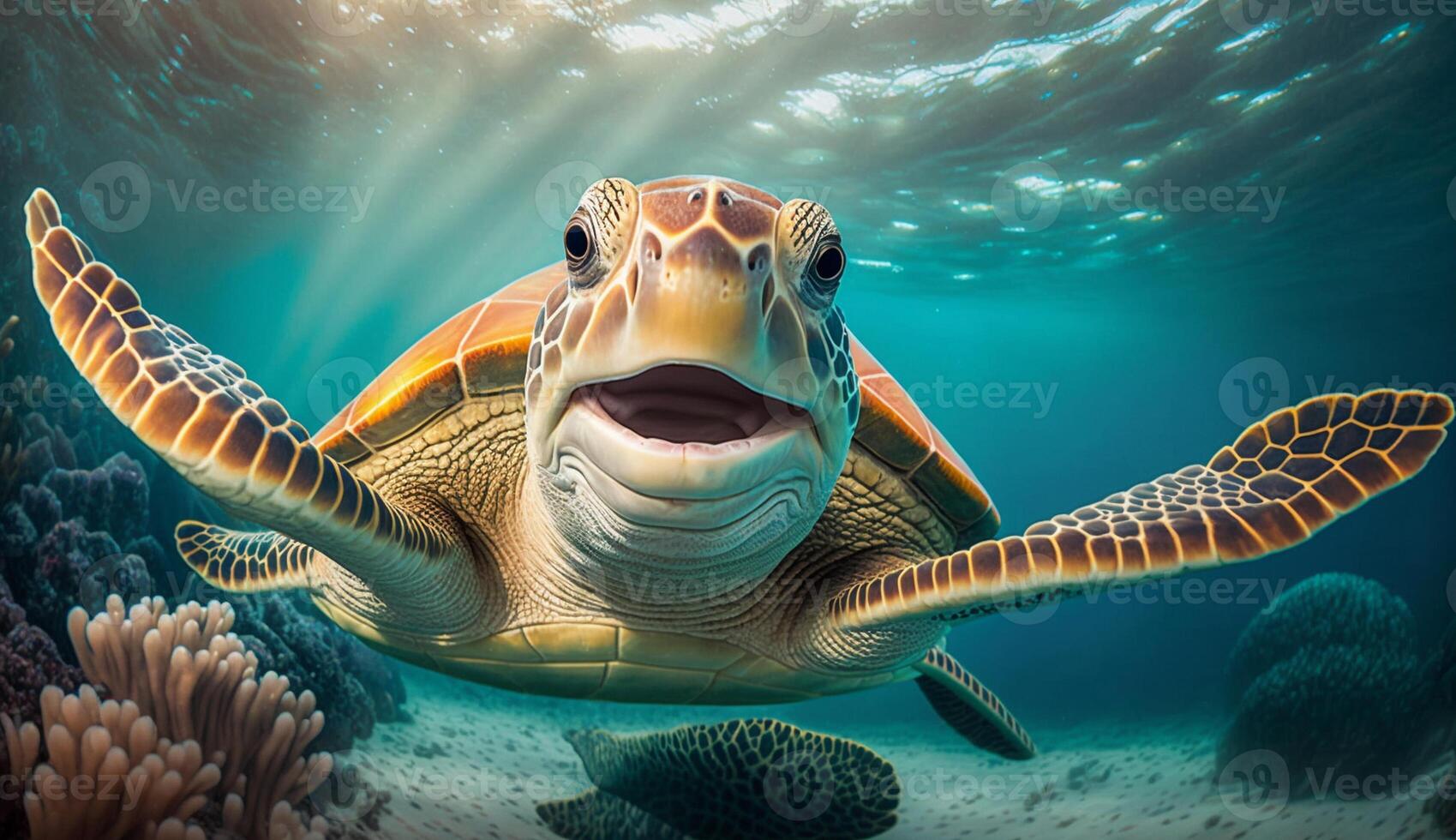 Portrait of a happy sea turtle swimming underwater. photo
