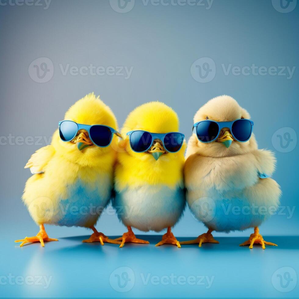 three yellow chicks with blue sunglasses bang, studio blue background. easter concept, photo