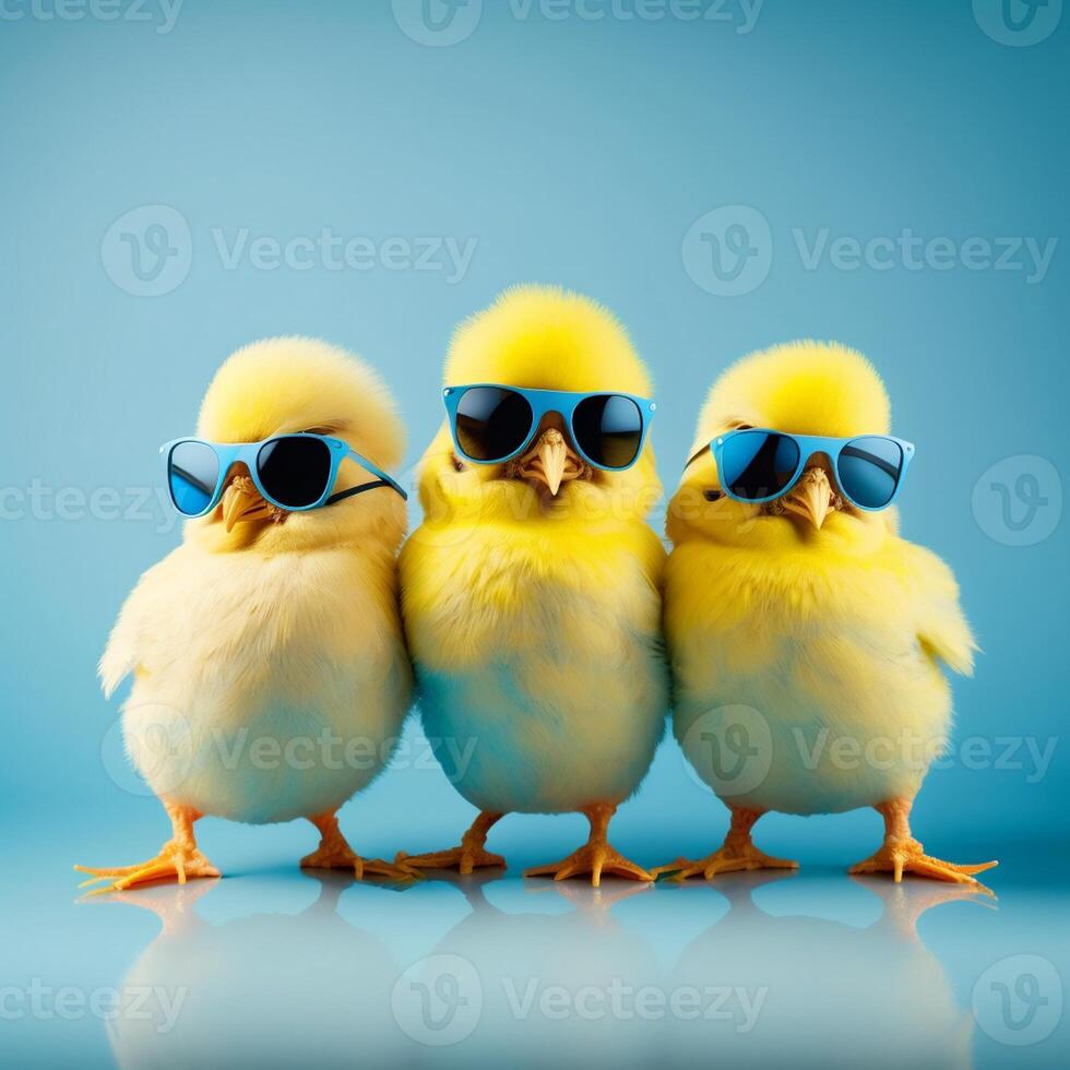 three yellow chicks with blue sunglasses bang, studio blue background. easter concept, photo