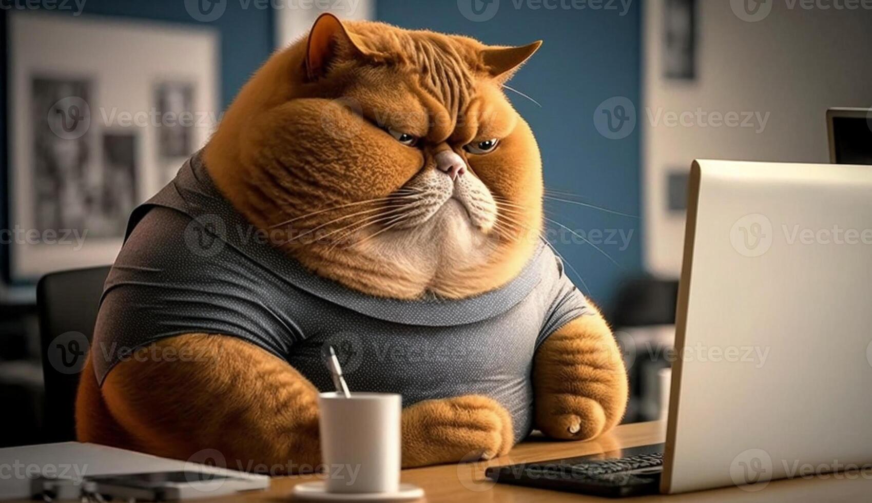 A fat cat is sitting at the office table in front of a computer. Sedentary lifestyle concept, photo