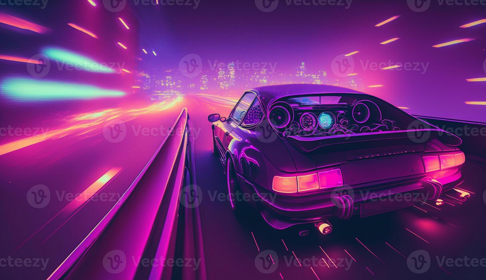 Cyberpunk Futuristic retro wave synth wave car, Retro sports car with neon backlight contours, photo