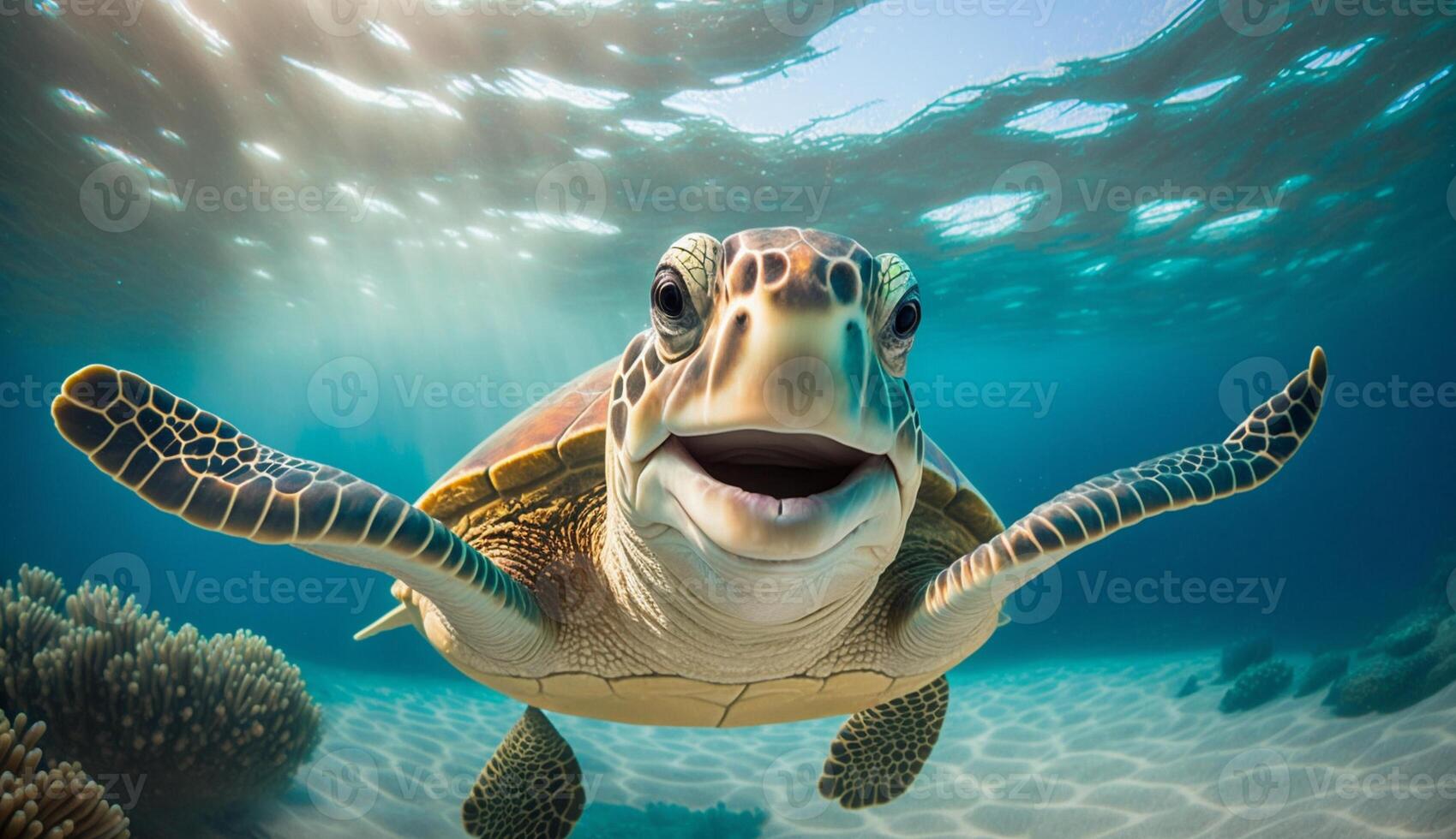 retrato de un contento mar Tortuga nadando submarino. generativo ai foto