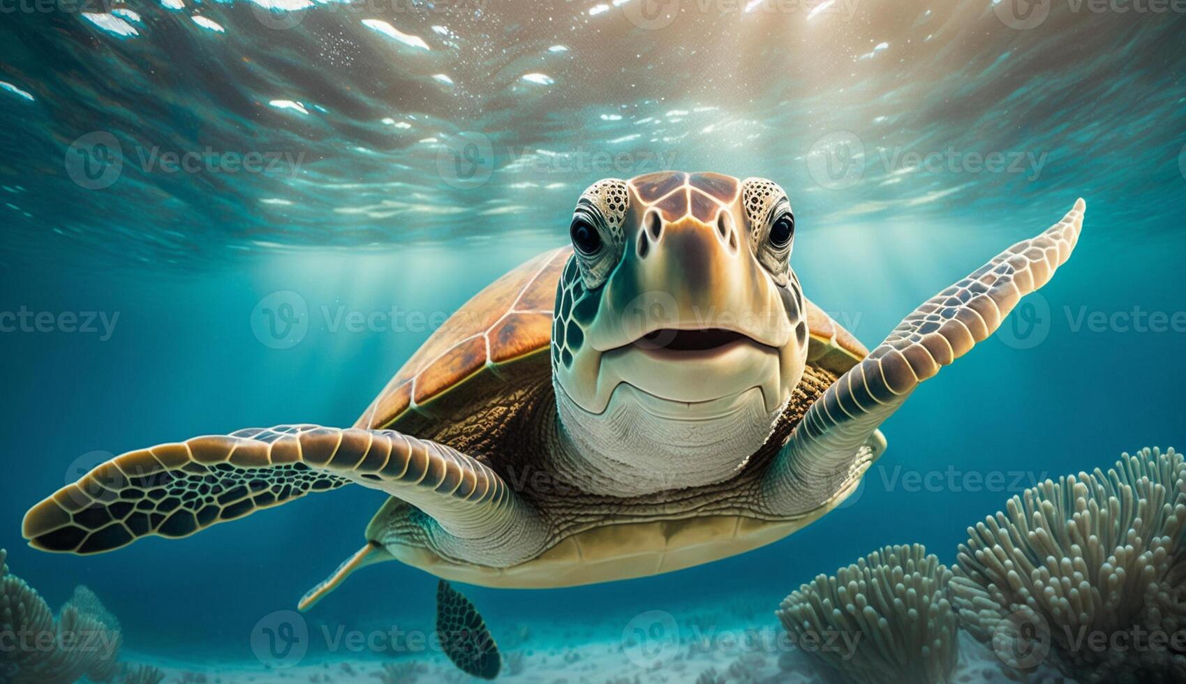 Portrait of a happy sea turtle swimming underwater. photo