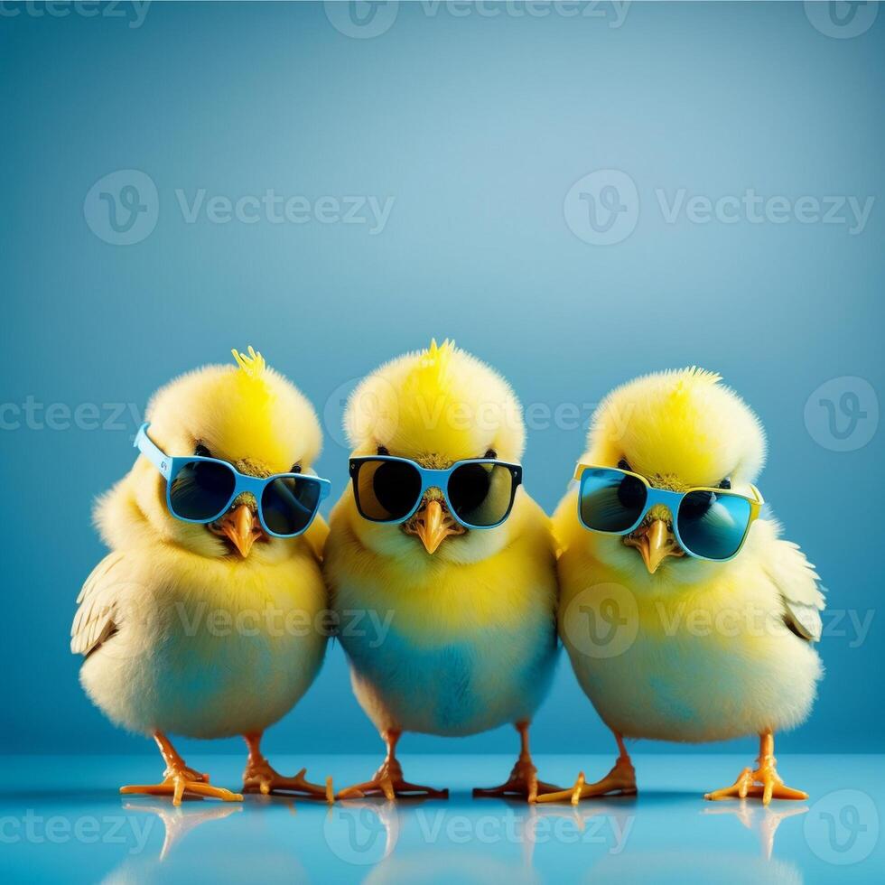 three yellow chicks with blue sunglasses bang, studio blue background. easter concept, photo