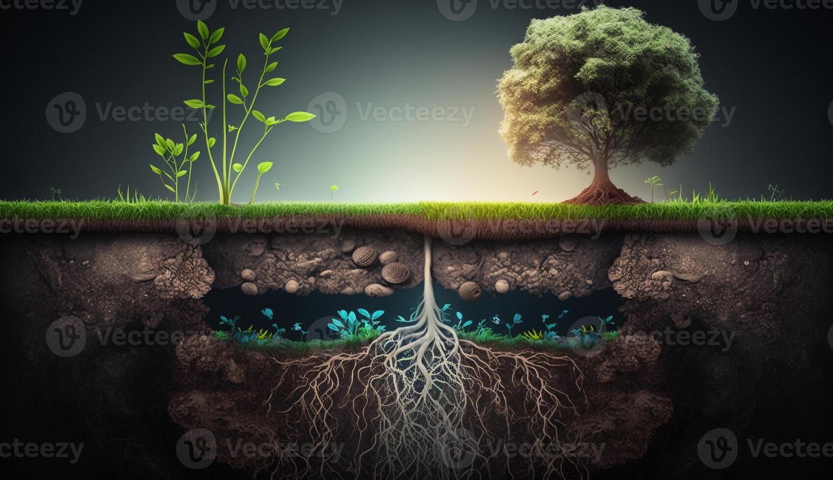 Plants growing on the surface and roots underground, earth section concept, illustration photo