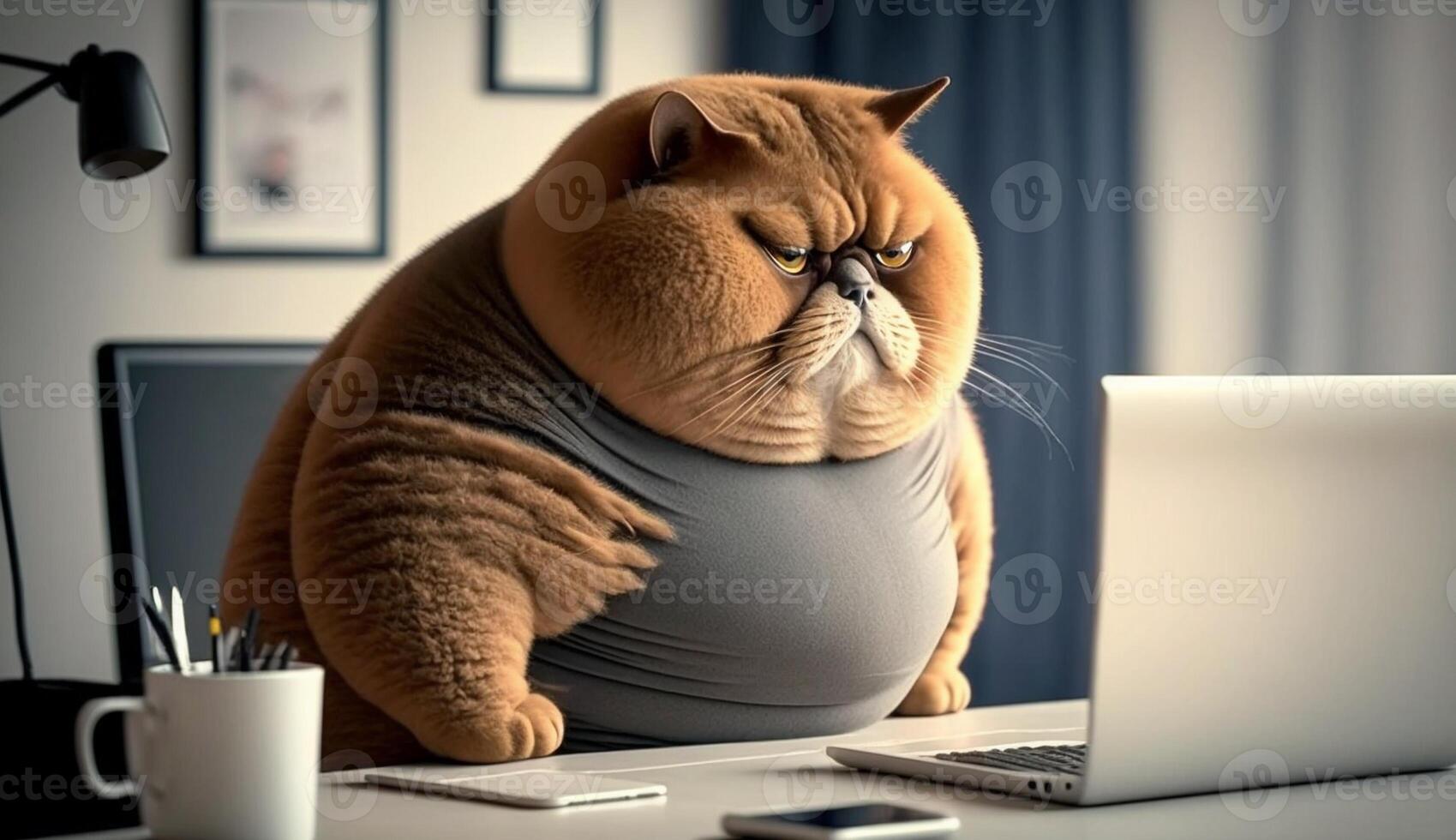 A fat cat is sitting at the office table in front of a computer. Sedentary lifestyle concept, photo