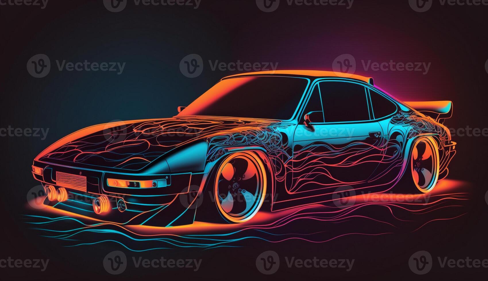 Cyberpunk Futuristic retro wave synth wave car, Retro sports car with neon backlight contours, photo