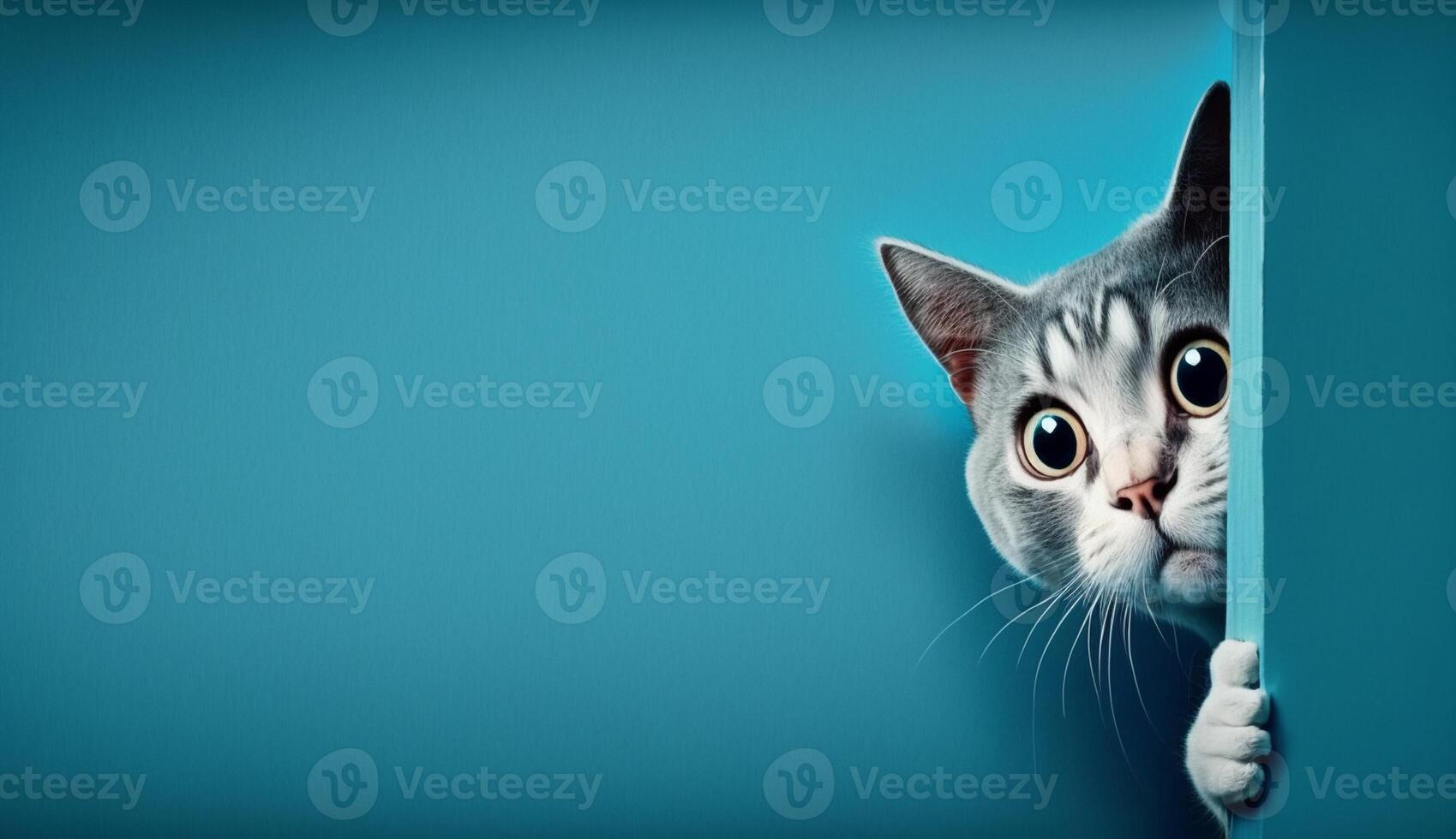 Frightened cat peeks out from behind a corner on a blue background, with copy space, created with technology photo