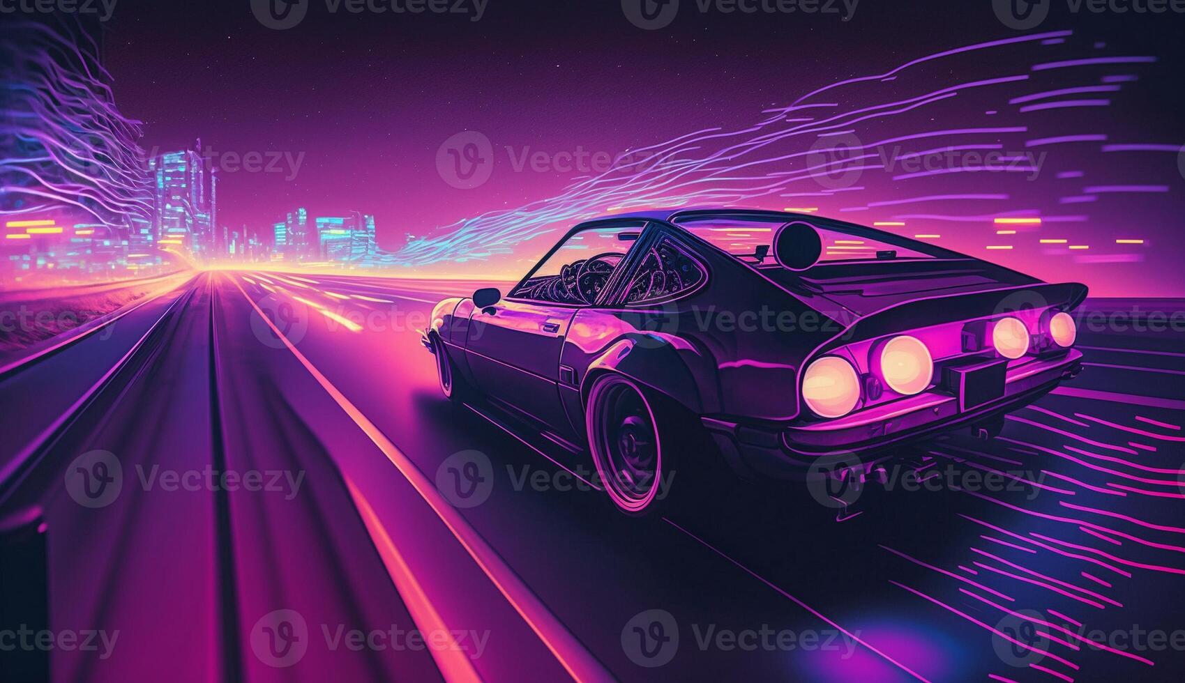 Cyberpunk Futuristic retro wave synth wave car, Retro sports car with neon backlight contours, photo