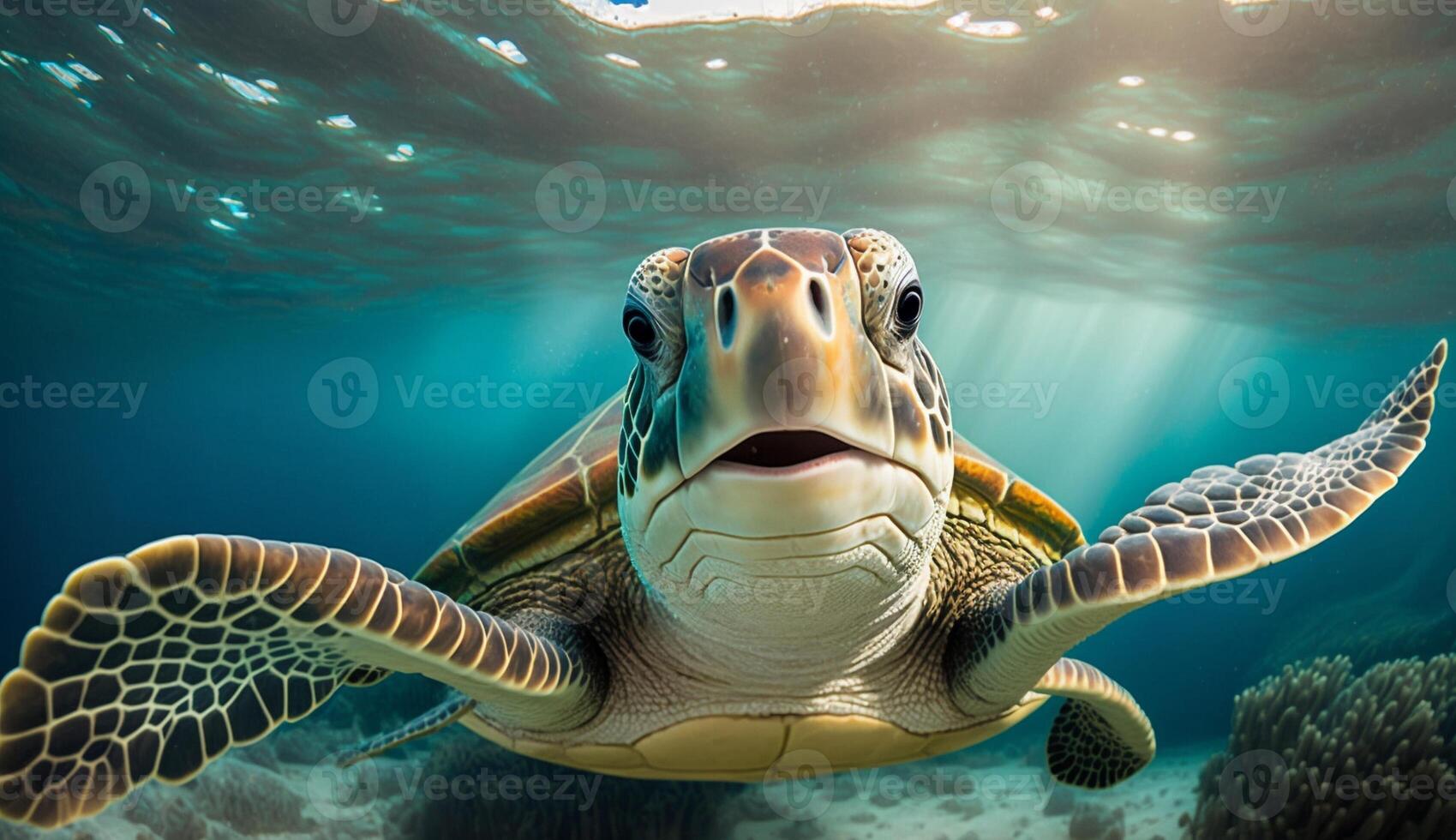 retrato de un contento mar Tortuga nadando submarino. generativo ai foto