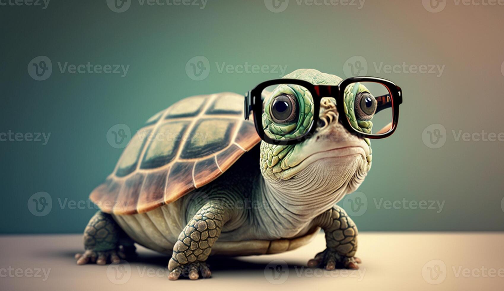 linda pequeño verde Tortuga con lentes en frente de estudio antecedentes. generativo ai foto