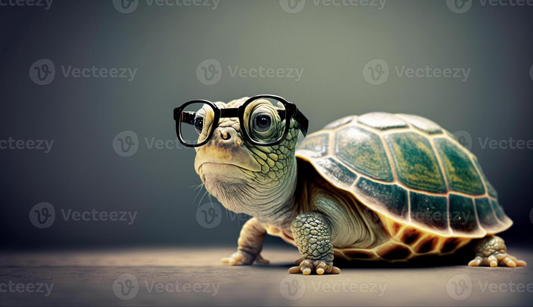 Cute little green turtle with glasses in front of studio background. photo