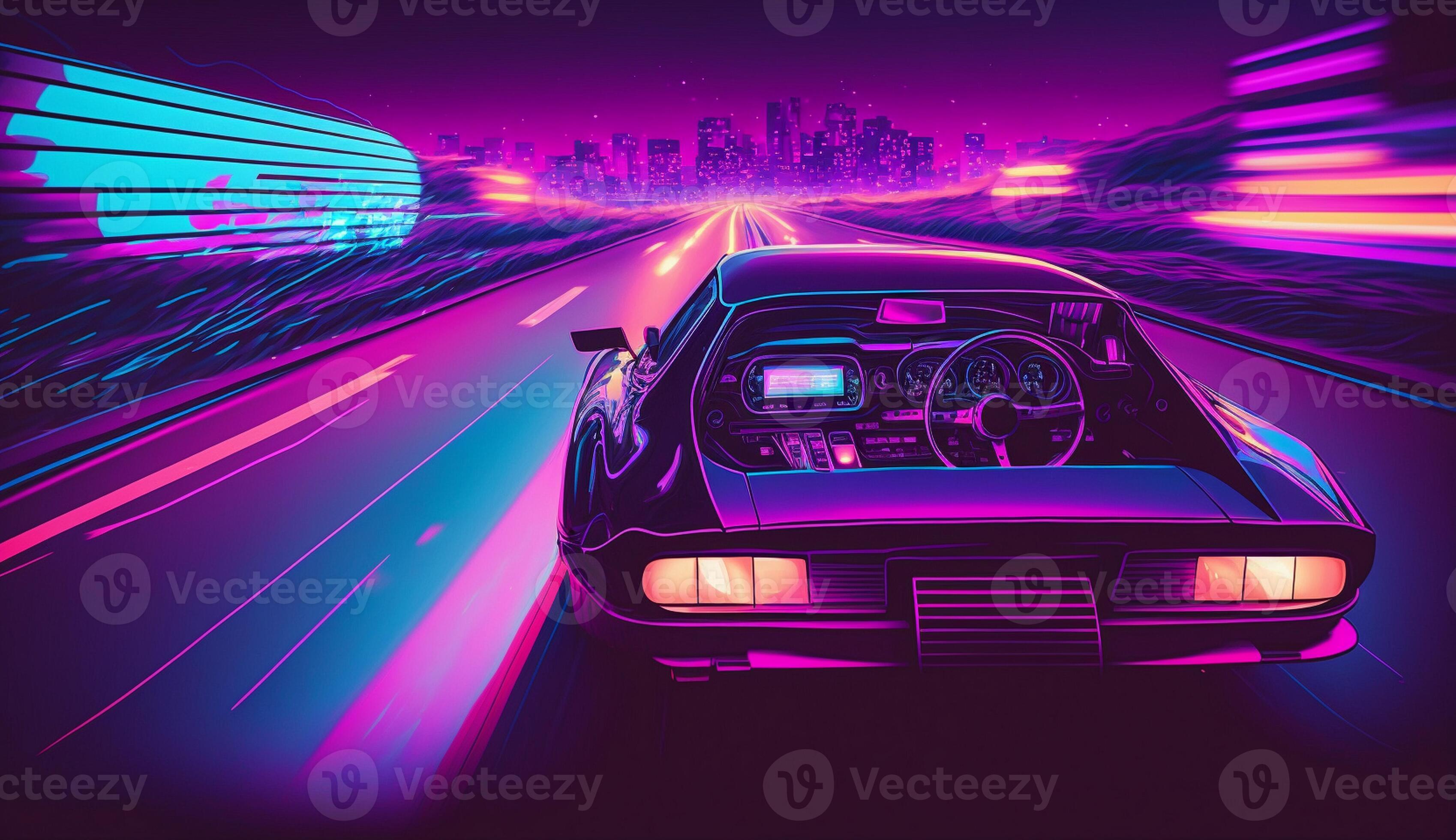 Cyberpunk Futuristic retro wave synth wave car, Retro sports car with