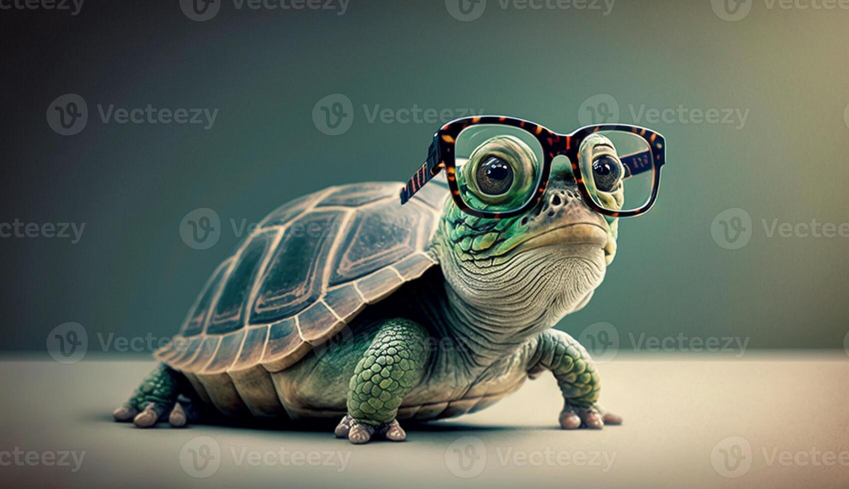 Cute little green turtle with glasses in front of studio background. photo