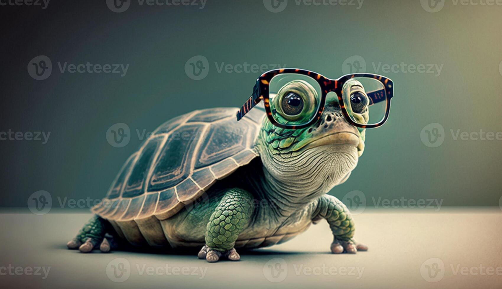 linda pequeño verde Tortuga con lentes en frente de estudio antecedentes. generativo ai foto