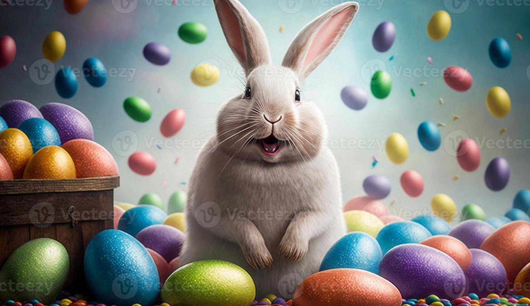 Happy Easter Bunny with many colorful easter eggs. . photo