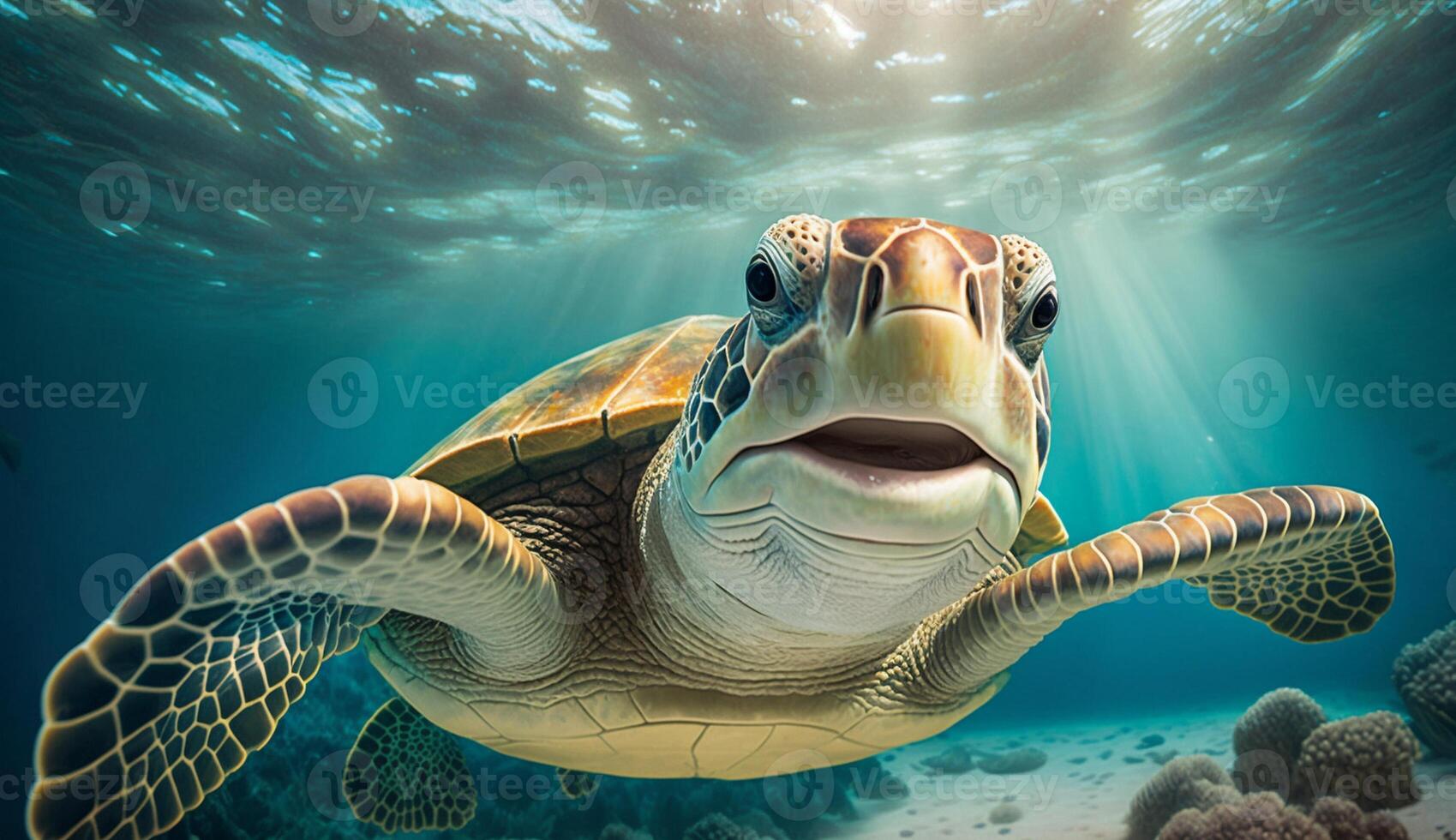retrato de un contento mar Tortuga nadando submarino. generativo ai foto