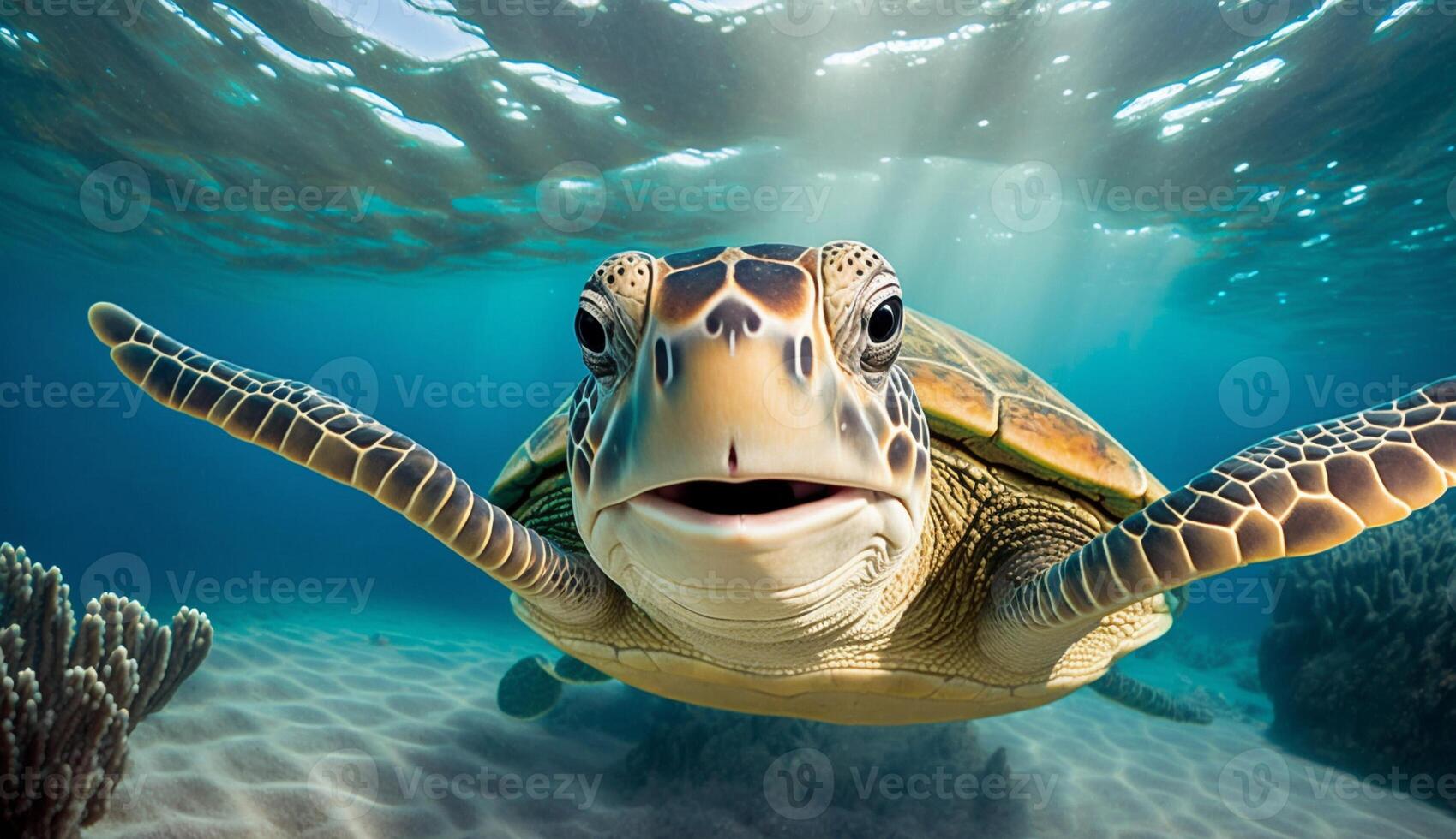 Portrait of a happy sea turtle swimming underwater. photo