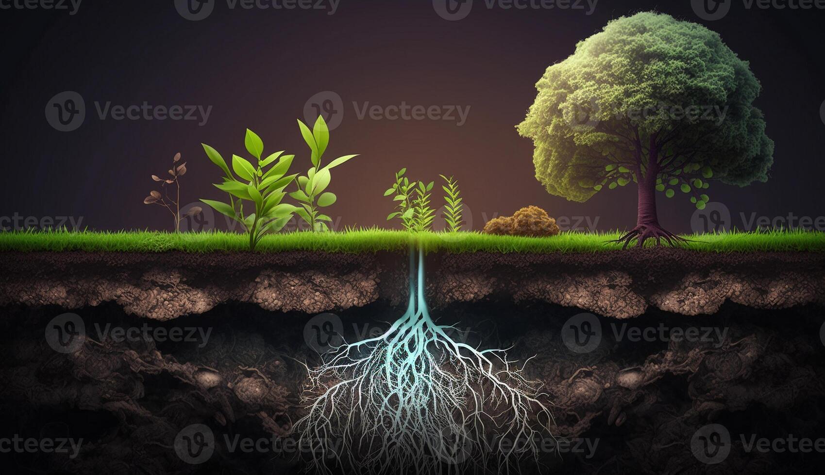 Plants growing on the surface and roots underground, earth section concept, illustration photo