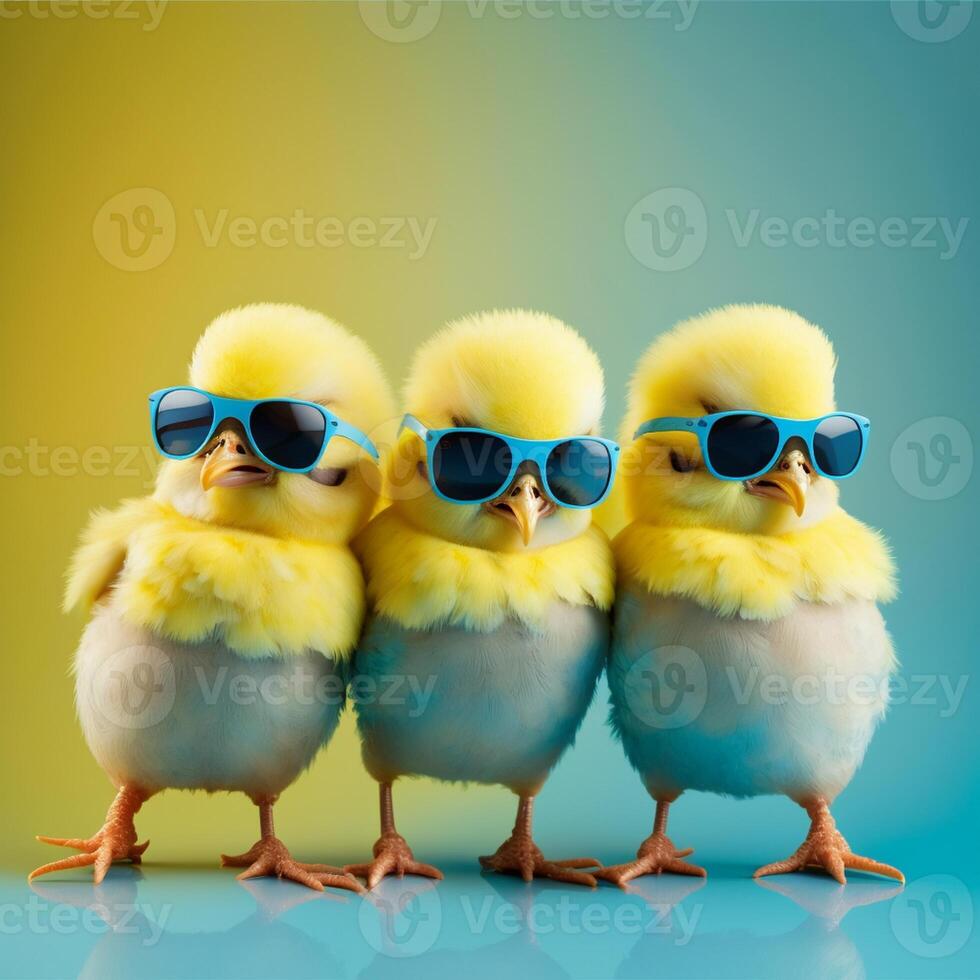 three yellow chicks with blue sunglasses bang, studio blue background. easter concept, photo