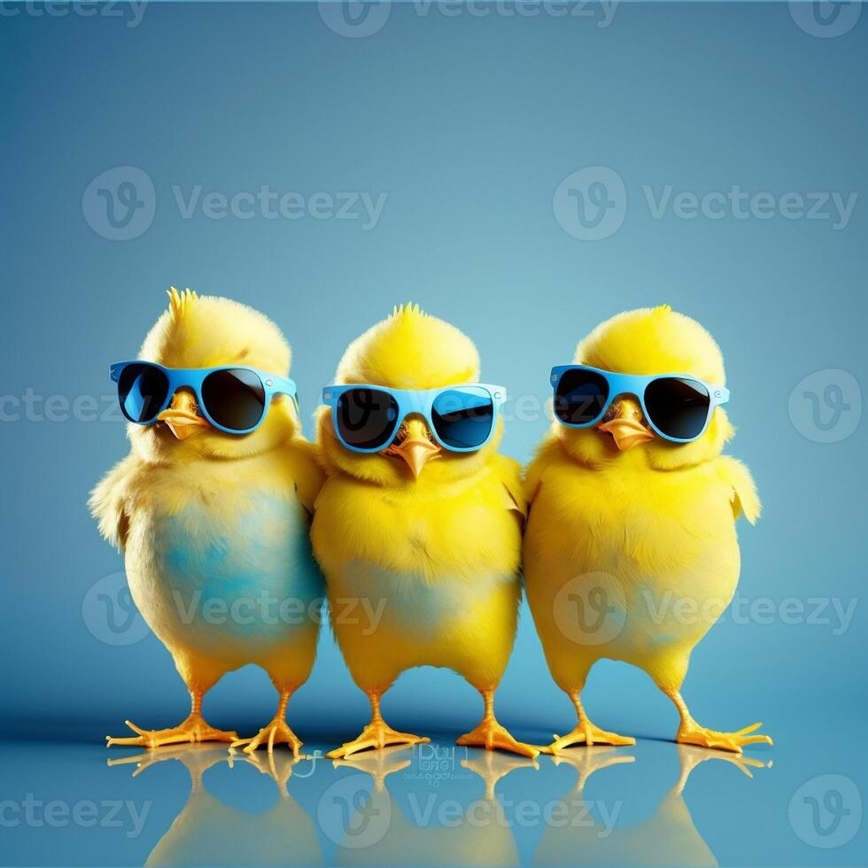 three yellow chicks with blue sunglasses bang, studio blue background. easter concept, photo