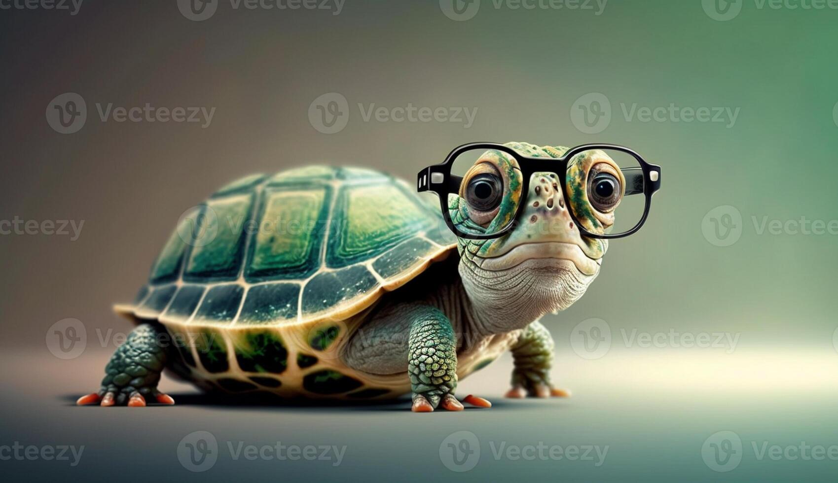 Cute little green turtle with glasses in front of studio background. photo