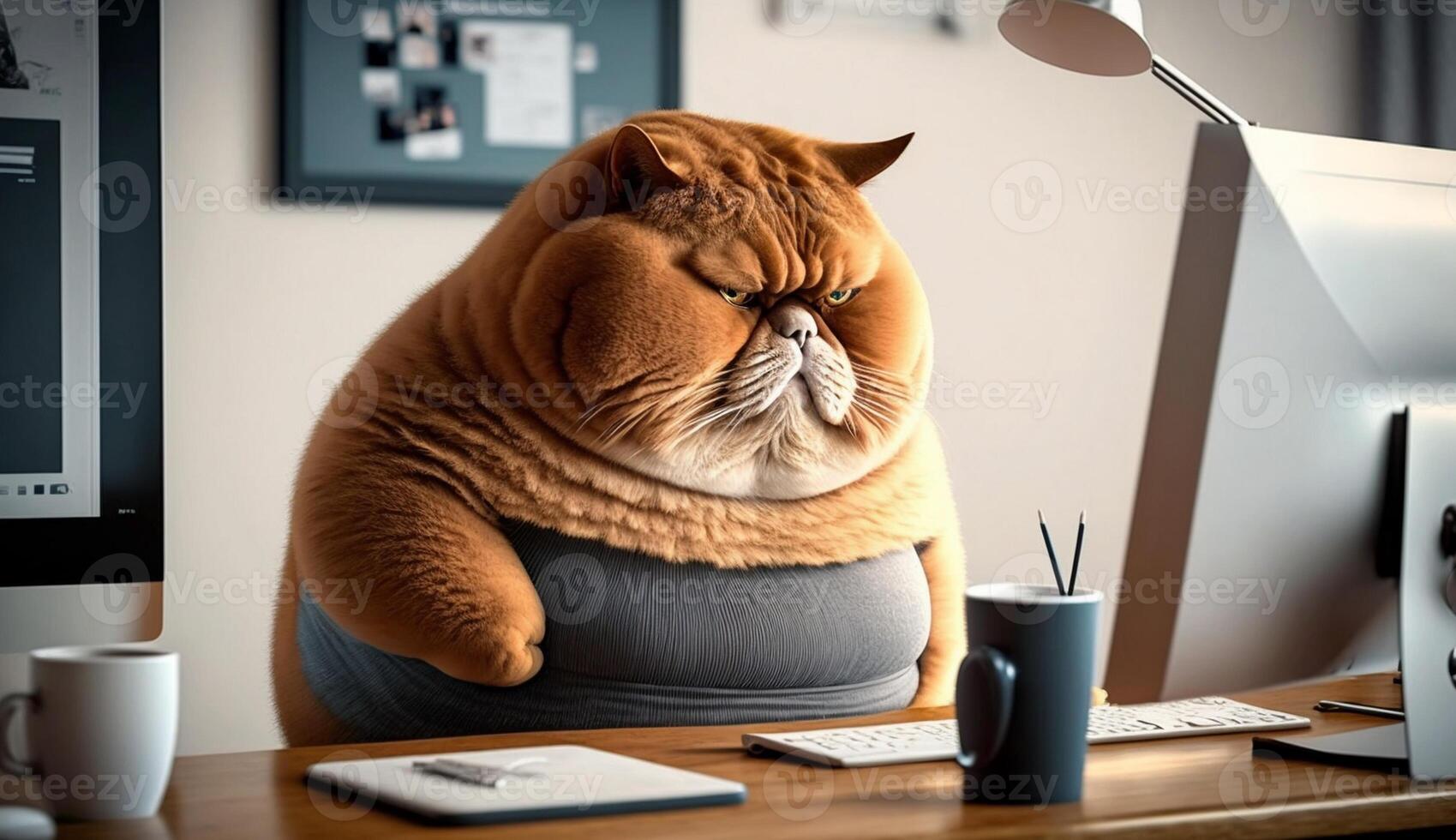 A fat cat is sitting at the office table in front of a computer. Sedentary lifestyle concept, photo