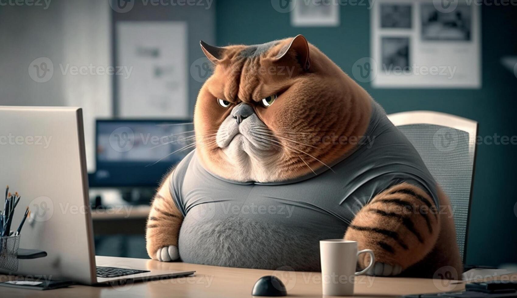 A fat cat is sitting at the office table in front of a computer. Sedentary lifestyle concept, photo