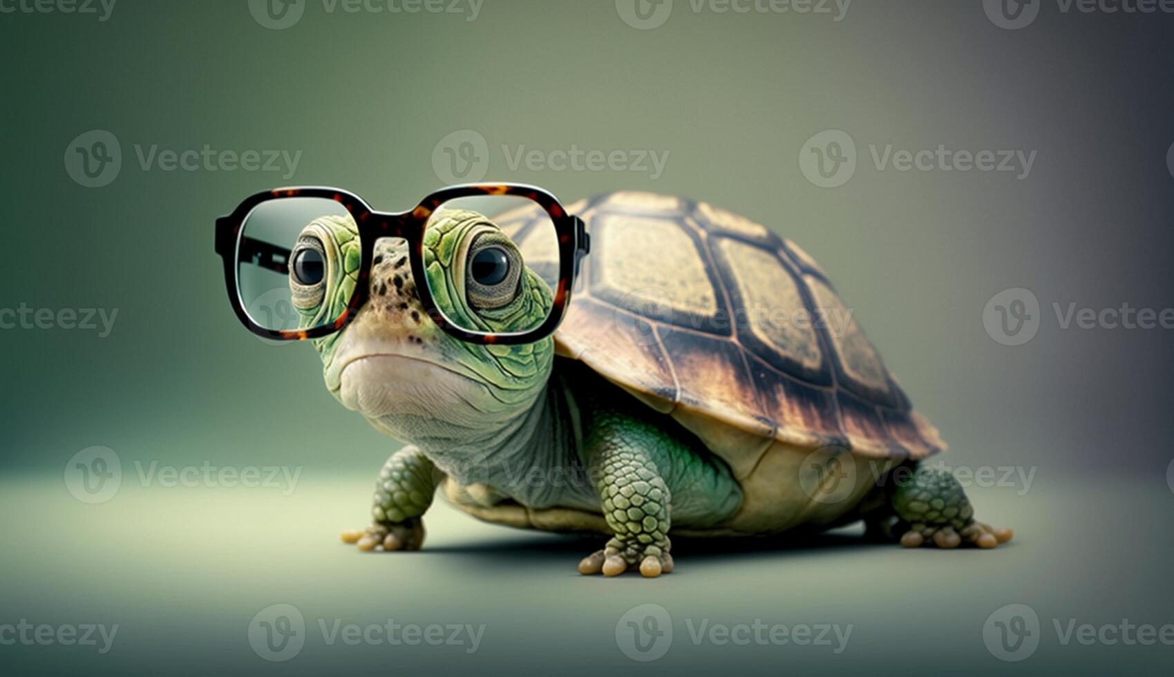 Cute little green turtle with glasses in front of studio background. photo