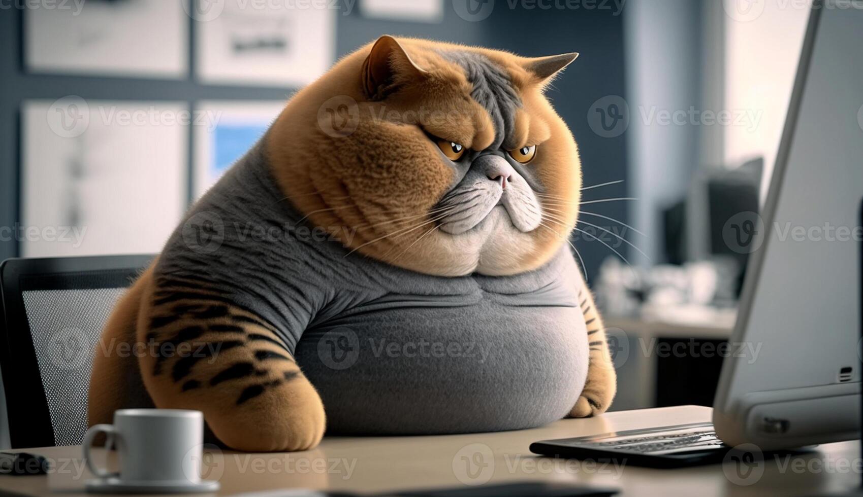 A fat cat is sitting at the office table in front of a computer. Sedentary lifestyle concept, photo