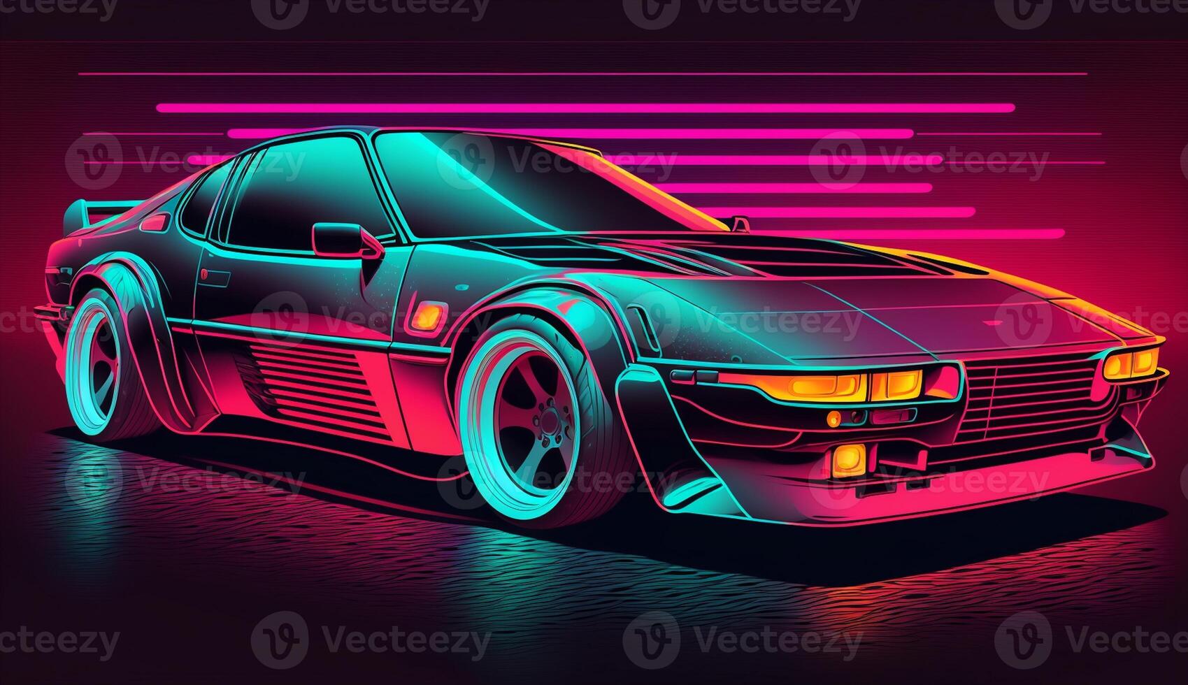 Cyberpunk Futuristic retro wave synth wave car, Retro sports car with neon backlight contours, photo