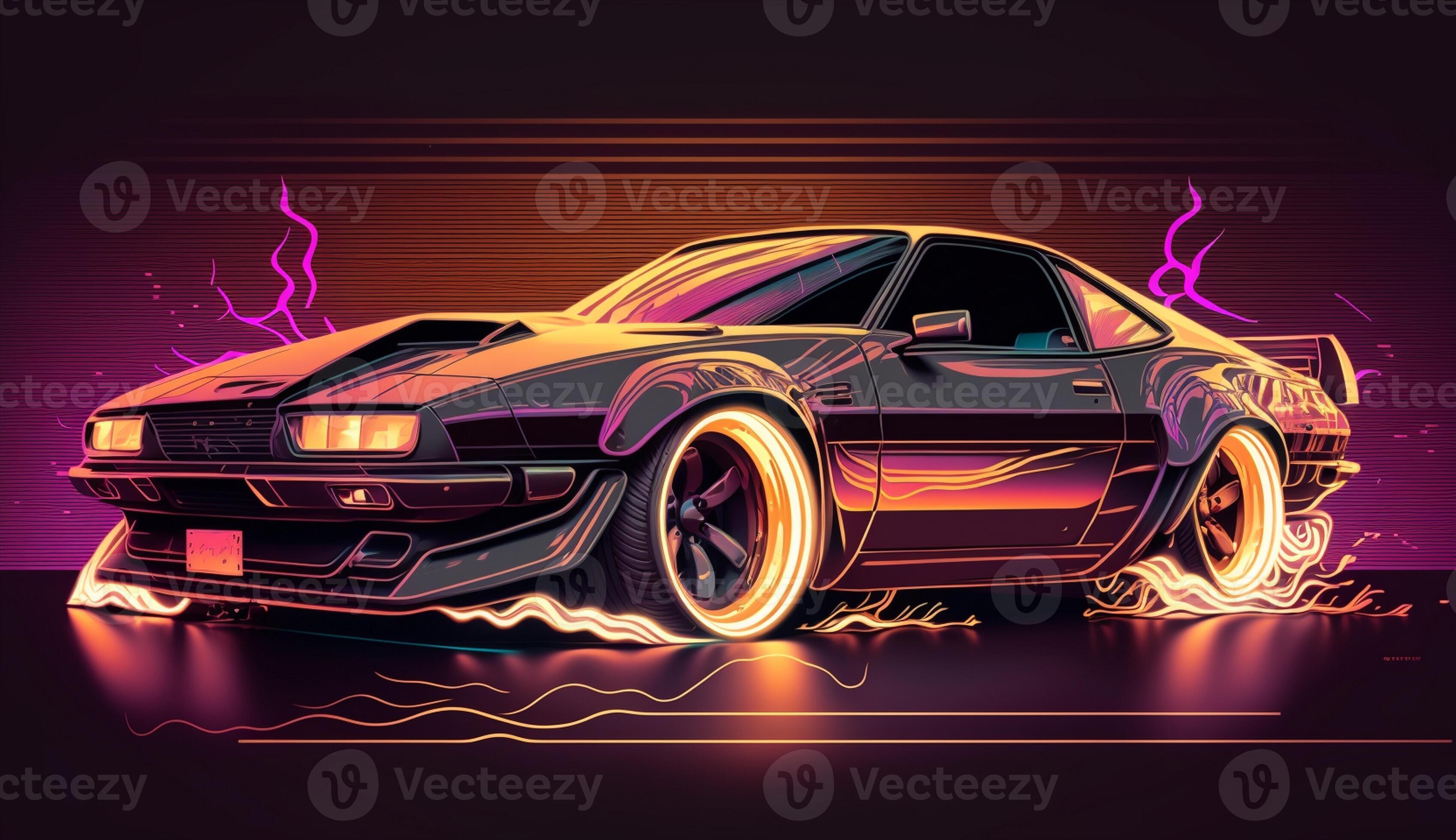 Cyberpunk Futuristic retro wave synth wave car, Retro sports car with