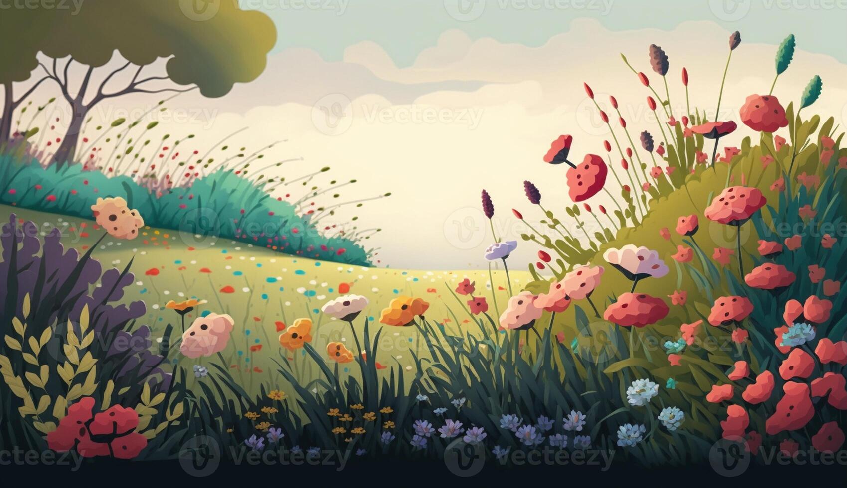 Illustration of a flower meadow in spring. . photo