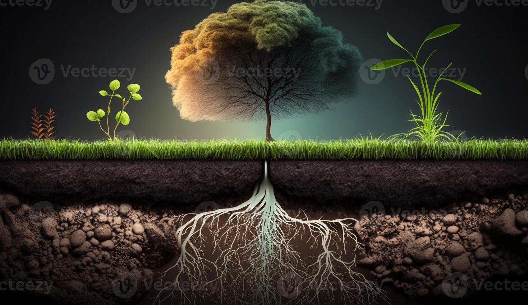 Plants growing on the surface and roots underground, earth section concept, illustration photo