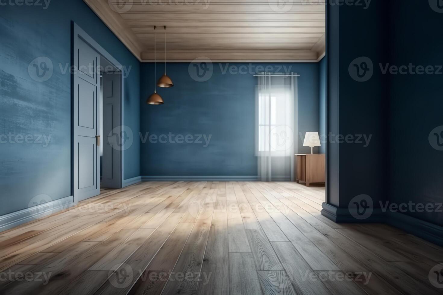 Modern interior empty room scandinavian style wood flooring and blue wall 3d rendering. photo