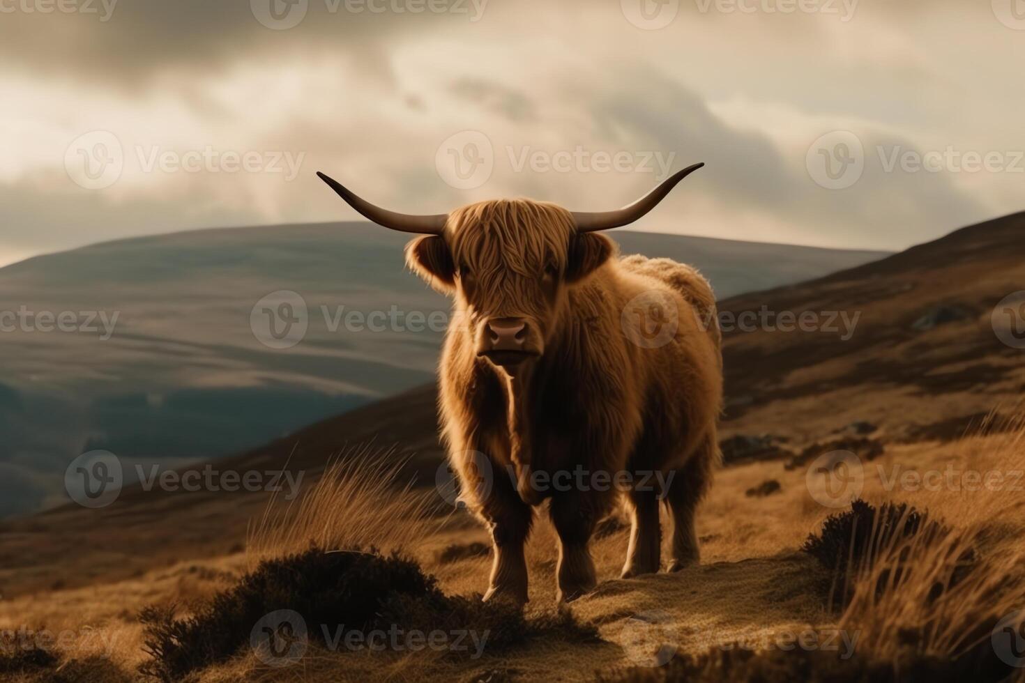 Large highland cattle in a meadow in top of a hill beautiful dramatic scenery. photo