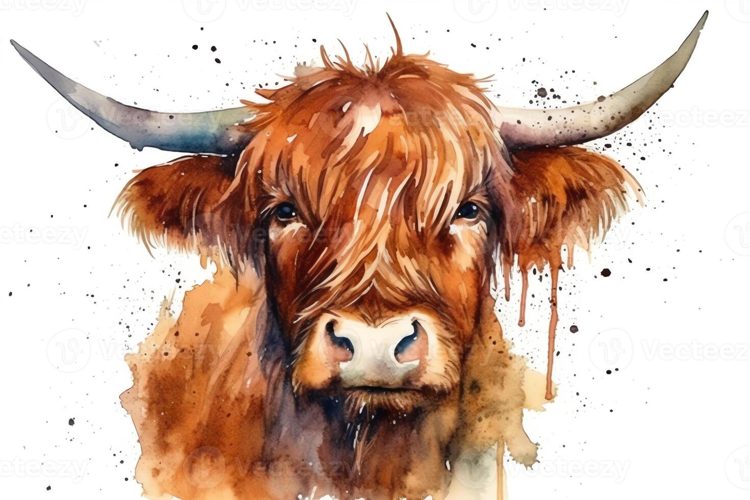 escocés tierras altas vaca cabeza dibujado a mano acuarela ilustración año de el buey 2021. ai generado foto