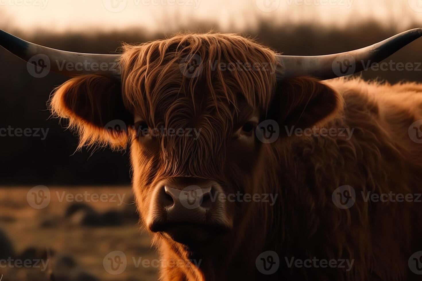 Portrait of a brown scottish highland cattle cow with long horns in nature. photo