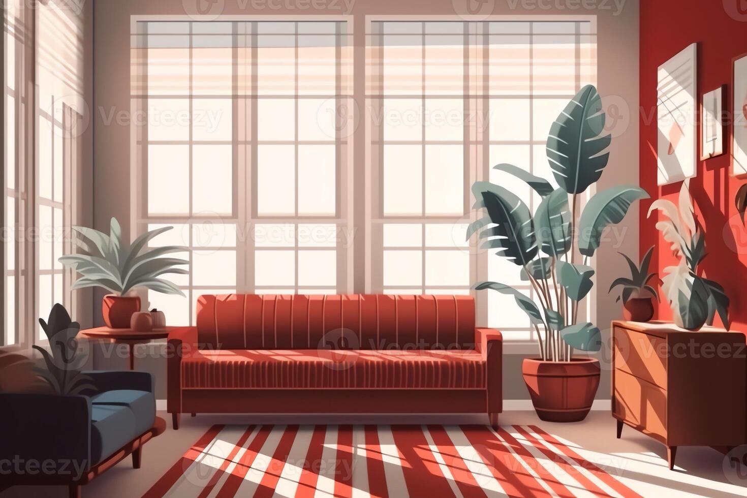 Illustration of modern living room interior with red sofa near big potted plant and panoramic window against wall with stripes. photo