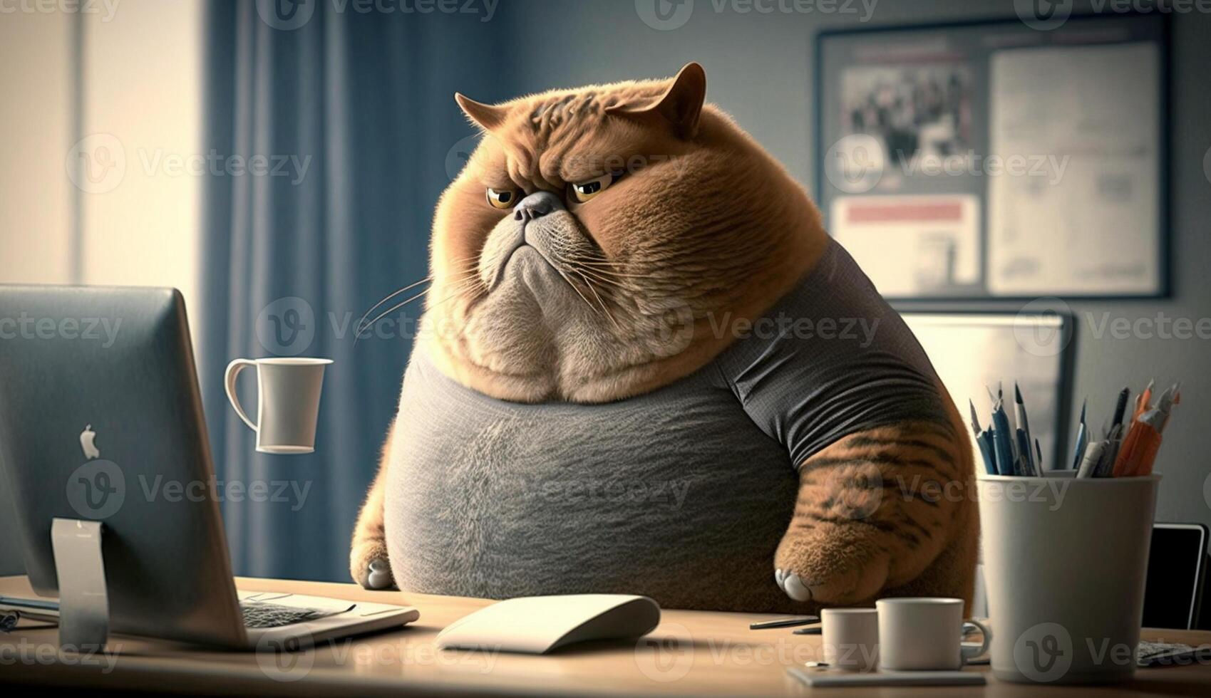 A fat cat is sitting at the office table in front of a computer. Sedentary lifestyle concept, photo